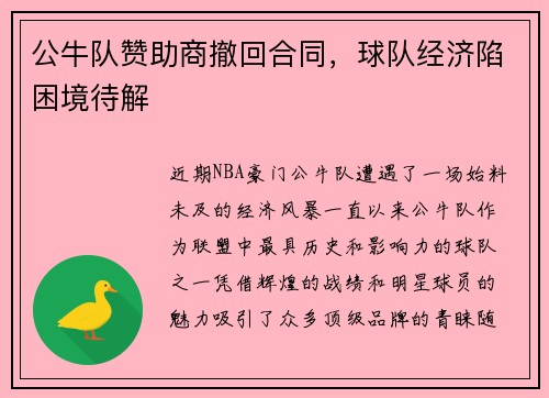 公牛队赞助商撤回合同，球队经济陷困境待解